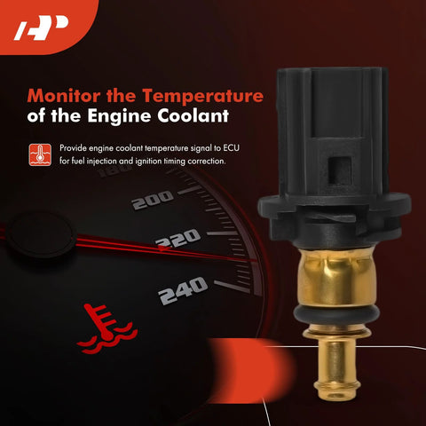 Close-up of A-Premium engine coolant temperature sensor, 2-pin, black plastic housing with brass tip