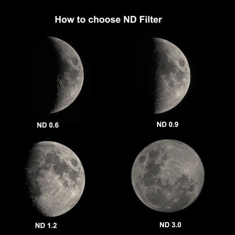 Image showing moon phases with different ND filters from the Dope 1.25 Inch Moon Filter Kit With ND4 ND8 ND16 ND1000 For Telescopes.
