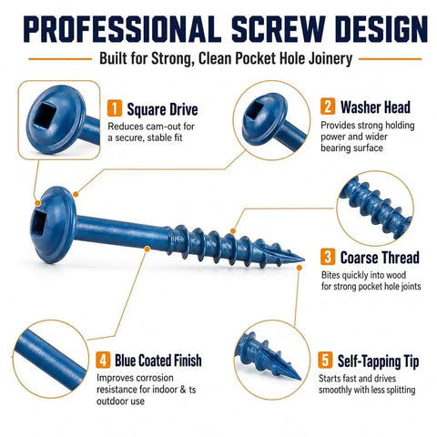 Pro Grade Pocket Hole Screws Kit With 720 Pieces In Five Sizes Eight By One Inch One And A Quarter Inch One And A Half Inch Two Inch And Two And A Half Inch Blue And Zinc Coated Square Drive Self Tapping Coarse Thread Wood Screws Set With Drive Bit showing blue screw features and design