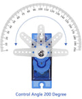 Six Pack SG90 9G Micro Servo Motors Kit For RC, blue servo demonstrating 200-degree rotation with transparent horn attachment.