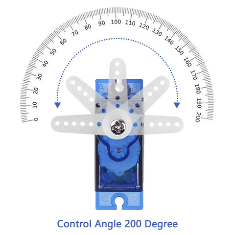 Six Pack SG90 9G Micro Servo Motors Kit For RC, blue servo demonstrating 200-degree rotation with transparent horn attachment.