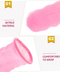 Close-up of pink nitrile material finger cot, highlighting comfort and design for the 100 Pack Nitrile Latex Finger Cots Anti Static Joint Support Covers For Hand Therapy And Electronics Safe Worksite Use Built Tough For The Daily Grind Comfy Compression Shield Your Digits Without Any Hustle.