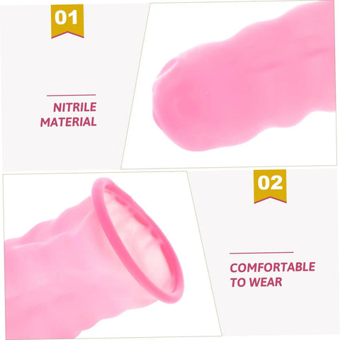 Close-up of pink nitrile material finger cot, highlighting comfort and design for the 100 Pack Nitrile Latex Finger Cots Anti Static Joint Support Covers For Hand Therapy And Electronics Safe Worksite Use Built Tough For The Daily Grind Comfy Compression Shield Your Digits Without Any Hustle.