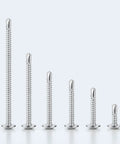 Grab-and-Go Self Drilling Screws Kit, 465 Piece Assortment For Metal Wood Plastic, Modified Truss Head Self Tapping Screws In Sizes 8 And 10, Lengths 1/2 To 1-1/2 Inch, Stainless Steel 410 shown in varying lengths