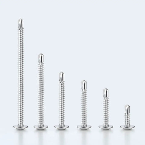 Grab-and-Go Self Drilling Screws Kit, 465 Piece Assortment For Metal Wood Plastic, Modified Truss Head Self Tapping Screws In Sizes 8 And 10, Lengths 1/2 To 1-1/2 Inch, Stainless Steel 410 shown in varying lengths