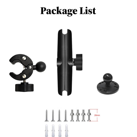 Package list of Heavy Duty Anti Vibration Trolling Motor Stabilizer Mount With 360 Degree Aluminum Bracket and Dual One Inch Rubber Ball Clamp.