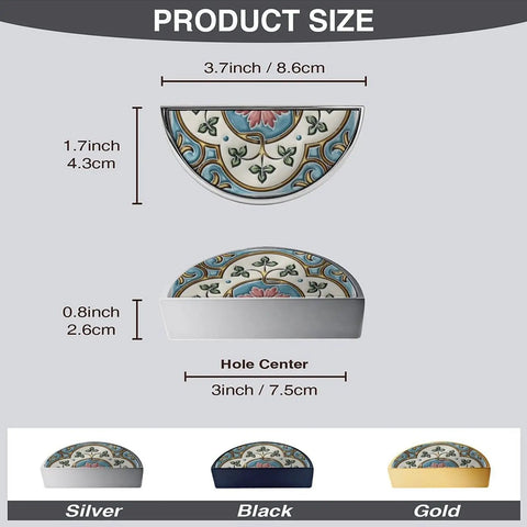 2 Pack Pink Gold Floral Tile Art Cabinet Handles, 3 Inch Center Hole Semicircle Drawer Pulls, Solid Zinc Alloy, size guide