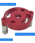 Heavy Duty Woodworking Dowel Jig Drill Guide With Vertical Pocket Hole Locating System showing drill bushings and locating claws