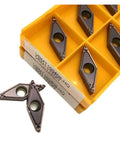 Top Notch 10 Pc Indexable Carbide Lathe Tool Set For Precision Steel Turning. Vbmt inserts in yellow storage box.