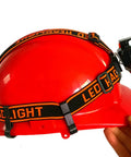 20 Pack Helmet Clips For Headlamp And Hard Hat Mounts installed on red helmet with LED headlight strap attachment