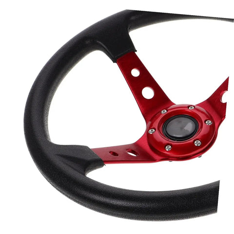 Close-up of a Universal 14 Inch Red PU Steering Wheel With Horn Button For Car Golf Cart And Racing Simulator Boss Grade Performance Wheel Replacement With Aluminum Alloy Rim Plug And Play Fit For Smooth Responsive Control, showing red alloy and grip