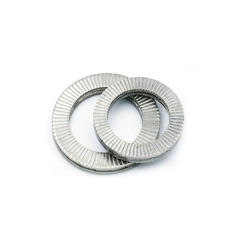 Premium Double Deck Wedge Lock Washers Built Tough To Keep Your Bolts Dead Tight Under Heavy Loads Delivering Rock Solid Anti Vibration Grip For Serious Mechanical Work, close-up of stainless steel washers.