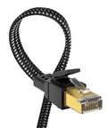 Close-up of a Cat 8 Ethernet Cable 15 Ft Nylon Braided Heavy Duty Patch Cord Shielded SFTP RJ45 connector