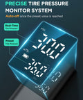 Cordless Tire Inflator Air Compressor With Accurate Pressure Gauge display showing real-time pressure and preset mode