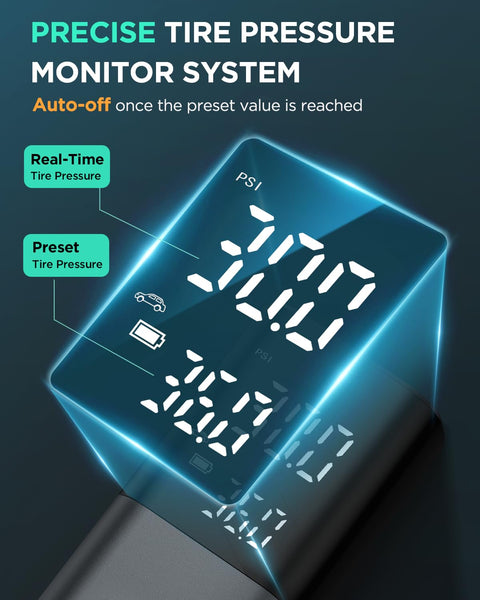 Cordless Tire Inflator Air Compressor With Accurate Pressure Gauge display showing real-time pressure and preset mode
