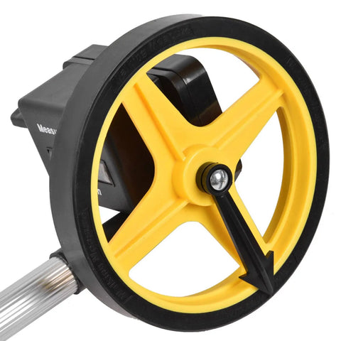 Luocute Portable Measuring Wheel 0-9999.9m Distance Roller (small wheel) close-up of yellow measuring wheel with arrow.