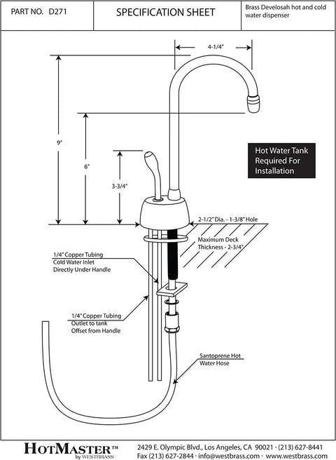 Specification sheet for Velosah Instant Hot Water Dispenser Faucet With Gooseneck Spout Polished Chrome One-Handle Control Tank Sold Separately Quick Heating Water Tank Required 9.25 Inch Tall With 4.5 Inch Spout Reach Copper Tubing And Santoprene Hose Outlet.