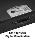 Portable Steel Lock Box With Tether Cable For Stashing Laptops, Phones And Valuables, showing digital keypad on steel body.