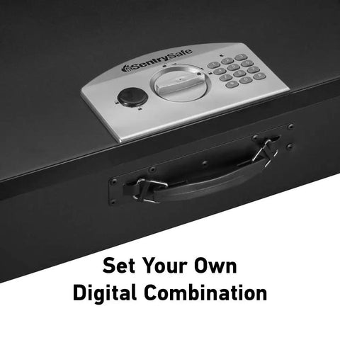 Portable Steel Lock Box With Tether Cable For Stashing Laptops, Phones And Valuables, showing digital keypad on steel body.