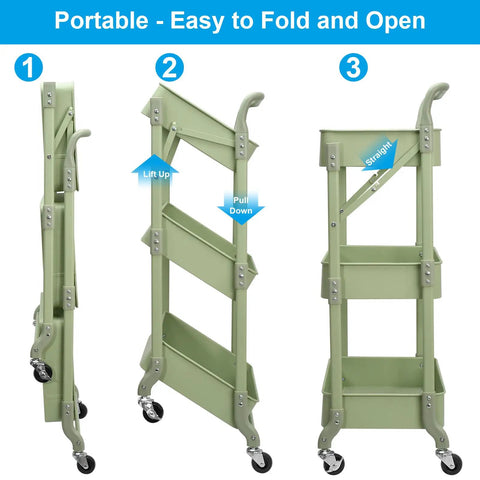 Go To Space Saving Foldable 3 Tier Rolling Cart With Wheels, Heavy Duty Metal Utility Trolley Organizer In Green