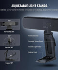 Bi Color Dual Monitor Light Bar With Stands For Home Office And Zoom Calls USB Powered LED Desk Lamp Dimmable By Remote Or Touch Perfect For Laptop Or PC Streaming Model L10, showing adjustable light stands with power cable clip and screen mount.
