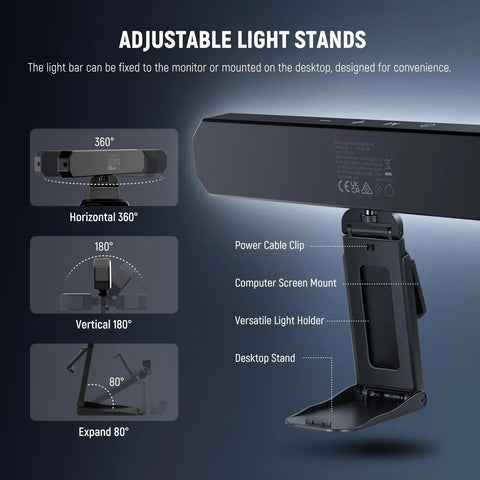 Bi Color Dual Monitor Light Bar With Stands For Home Office And Zoom Calls USB Powered LED Desk Lamp Dimmable By Remote Or Touch Perfect For Laptop Or PC Streaming Model L10, showing adjustable light stands with power cable clip and screen mount.