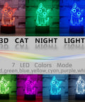 Cat Night Light 3D Illusion Lamp With Seven Color Auto Change glowing in various colors for home decor and nursery.