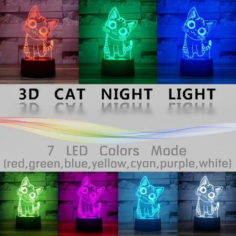 Cat Night Light 3D Illusion Lamp With Seven Color Auto Change glowing in various colors for home decor and nursery.