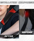 Installation comparison of 2 Pack Car Seat Belt Cover Pads Soft Carbon Fiber Leather Shoulder Protector in red showing before and after use.