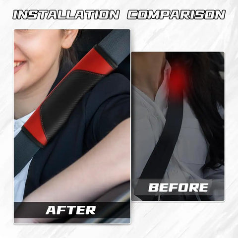 Installation comparison of 2 Pack Car Seat Belt Cover Pads Soft Carbon Fiber Leather Shoulder Protector in red showing before and after use.