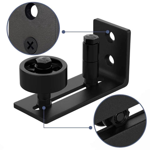 Flush Floor Sliding Barn Door Roller Guide Set With Wall Mounted Hardware, Adjustable Stay Rollers, black steel base
