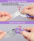 Vickay folding utility knife with purple aluminum handle and belt clip, shows quick-change blades and axis lock.