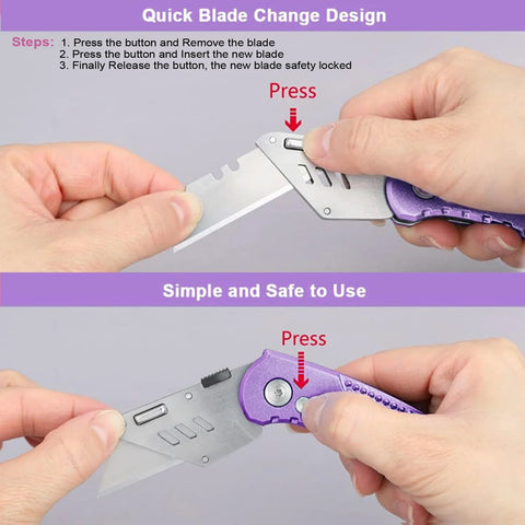 Vickay folding utility knife with purple aluminum handle and belt clip, shows quick-change blades and axis lock.