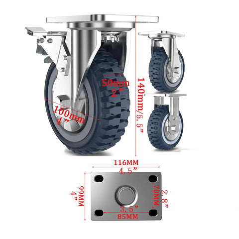 Heavy Duty Swivel Caster Wheel With Brake For Easy Transport And Maneuverability, 4 inch rubber industrial wheel, steel plate