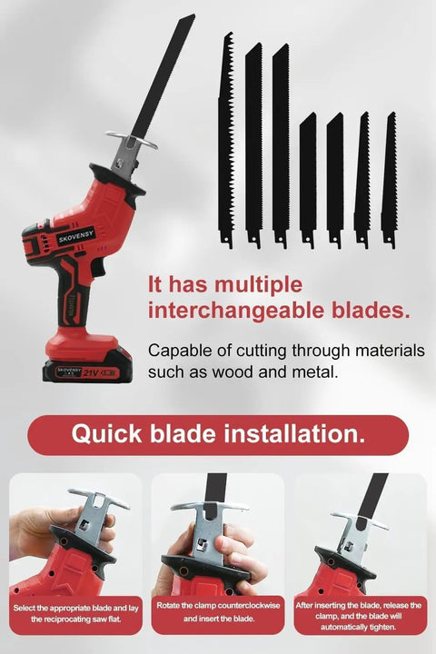 Cordless Reciprocating Saw Kit With Two 2.0Ah Batteries, Variable Speed, Red Compact Saw For Wood, Metal, And PVC Cutting, Blades Included