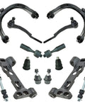 Top Tier Front Steering And Suspension Kit With Ball Joints Sway Bar Links And Tie Rod Ends Straight Bolt On For Chevy Trailblazer 2008 To 2009 complete 14 piece set in black metal finish.