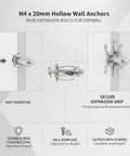 Diagram showing Hollow Wall Anchors M4 x 20mm Kit With Iron Expansion Bolts for secure drywall mounting, easy insertion process.