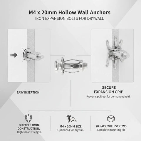 Diagram showing Hollow Wall Anchors M4 x 20mm Kit With Iron Expansion Bolts for secure drywall mounting, easy insertion process.