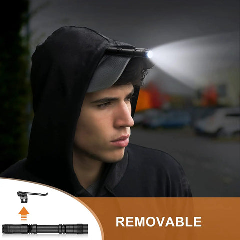 Person wearing a cap with a Six Piece LED Pen Lights With Clip Pocket Flashlights For Handy Checks illuminating the path.