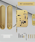 Pocket Door Lock Hardware With Pull Inconspicuous Sliding Door Handle Recessed Lock For Furniture Gold Zinc Alloy Electroplated Brushed Finish Rust Resistant Durable Ideal For Hidden Sliding Doors In Closets And Cabinets Durable Zinc Alloy Construction laid out on a surface.