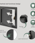 Heavy Hitter Six By Six Inch Galvanized Steel Service Door Featuring Tight Click Hinges And Stealth Anthracite Plate, showing functional design with push mechanism.