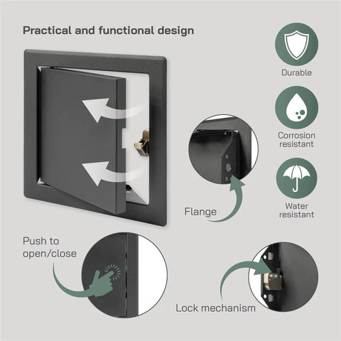 Heavy Hitter Six By Six Inch Galvanized Steel Service Door Featuring Tight Click Hinges And Stealth Anthracite Plate, showing functional design with push mechanism.