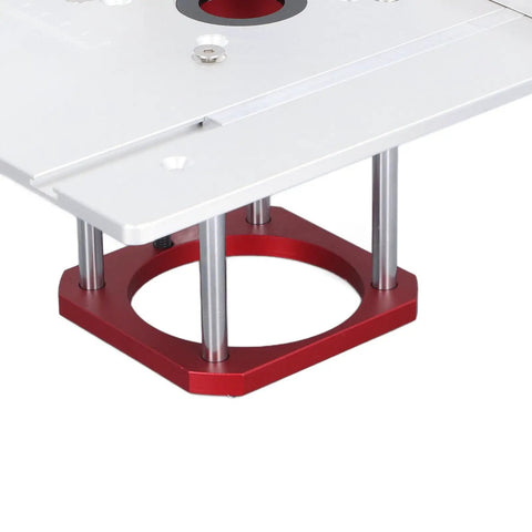 Heavy Duty Aluminum Router Lift Base With Quick Twist Knobs For Badass Diy Woodshop Setup Solid Zero To Fifty Four Millimeter height adjustment rig feature close-up.