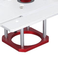 Top Drawer Router Table Kit With Snappy 0 To 54 Millimeter Lift System And Bulletproof Alloy Insert Plate base with red alloy insert and silver posts.