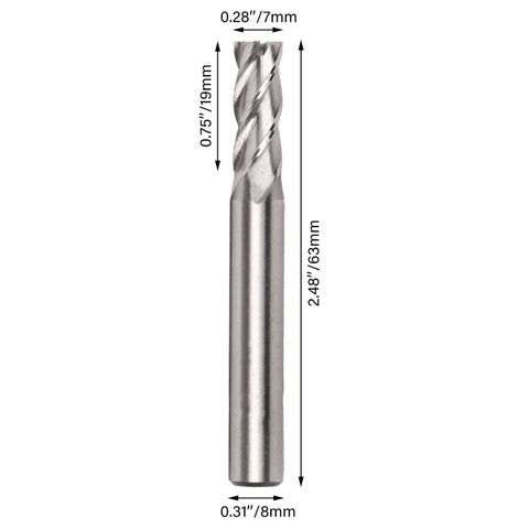 HSS 4-flute milling end mill with straight shank, 7mm diameter, 63mm overall length