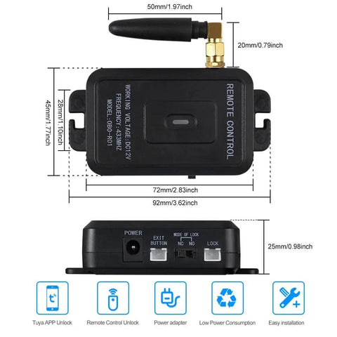 WiFi Tuya Access Control Magnetic Door Lock Kit With Remote And App Control, remote receiver dimensions shown