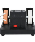 Badass Compact Table Grinder Featuring Dual Polish Discs For Quick Blade Sharpening Rust Stripping And Smooth Benchtop Finishing with scissors and wheels shown.