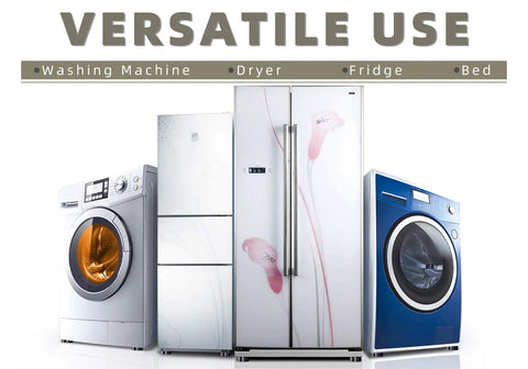 Assorted appliances including washing machines and a fridge, illustrating the use of Eight Pack Anti Vibration Pads For Washer And Dryer