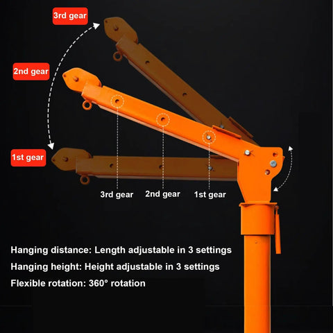Heavy Duty Electric Truck Winch With 3500 Lbf Boom, 12V Steel Jib Hoist, And 360 Degree Swivel, adjustable reach and height settings.