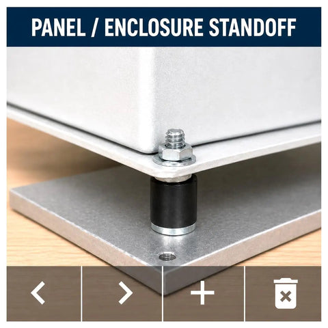 One Quarter Inch ID By Seven Eighths Inch OD By Seven Eighths Inch Long EPDM Rubber Spacer Bushings for vibration isolation shown in panel standoff application